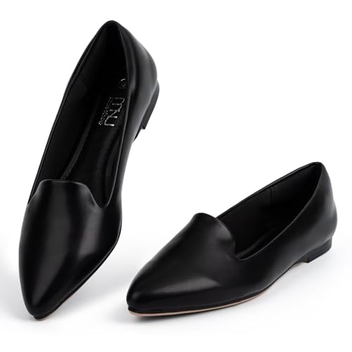 Image of MUSSHOE Black Flats for Women Pointed Toe-Comfortable Business Casual Work Shoes, Dressy Suede Slip On with Memory Foam for Office, Teacher & Standing All Day