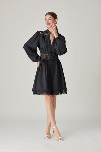 LAI MENG FIVE CATS Women's V-Neck Elegant Lace Long Sleeve Lantern Sleeve Button up Casual Mini Dress3
