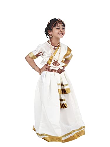 Image of BookMyCostume Polyester Mohiniyattam Indian Classical Dance Costume for Girls and Women with 10 Pcs Jewellery Set 5-6 Years,Multicolor