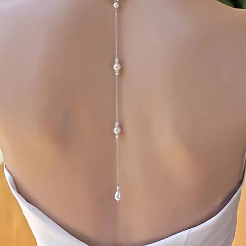 Boho Pearl Back Chain Necklace Silver Pearl Crystal Backdrop Necklace Body Chain Long Bridal Back Drop Chain Summer Beach Body Jewelry for Women3
