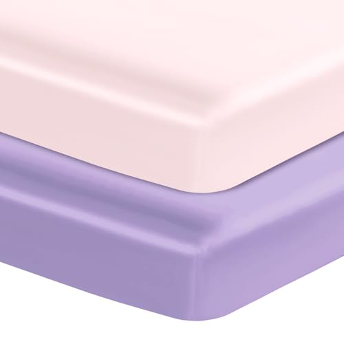 Entisn Satin Crib Sheets 2 Pack 28 x 52 x 8 Inch Soft Fitted Crib Mattress Sheets for Baby Girls Baby Pink and Light Purple Nursery Bedding Protect for Skin and Hair