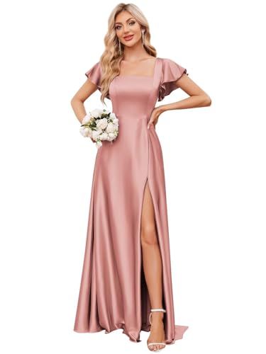 Ruffle Sleeves Satin Bridesmaid Dresses Long A-Line Square Neck Formal Wedding Guest Dress with Slit