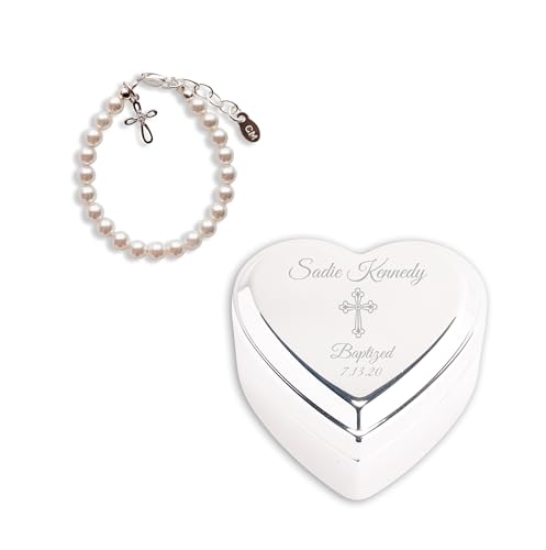 Cherished Moments Baptism or First Communion Gift for Girls Includes a Personalized Engraved Jewelry Box and Sterling Silver Cross Bracelet with Simulated Pearls