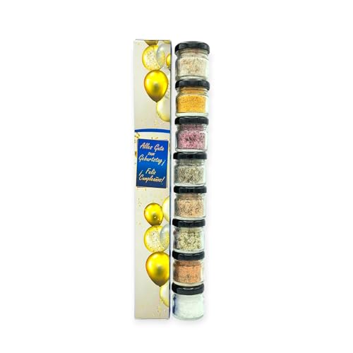 TERRAMAR MALLORCA - Sal Marina Gourmet Meersalz GEBURTSTAGS-EDITION, Salz Geschenke aus Mallorca, das ideale Gewürze Geschenkset Salzset (8x25g)