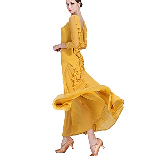 Standard Ballroom Dance Dresses Women's Long Sleeves Waltz Tango Practice Dress Modern Wear for Performance Skirt,Yellow,L