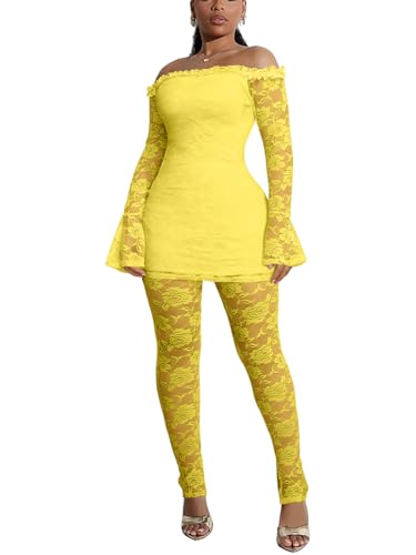 Ekaliy Women Sexy 2 Piece Outfits Clubwear Sheer Lace Mini Off The Shoulder Dress Top Pant Set Clubwear Yellow XL
