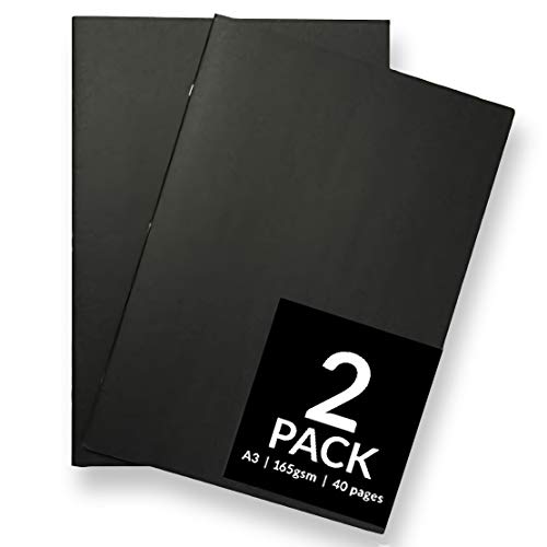 Cuaderno de dibujo de tapa suave para principiantes. Papel de dibujo blanco de 165 g/m², tamaño A3 y A4. Para técnicas mixtas Pack of 2 - A3, Black Cover
