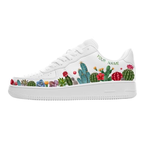 Custom Name Low Top Cactus Sneakers for Womens, Personalized Cute Plant Print Casual Everyday Walking Shoes, White Fashion Sneakers to Wear with Dresses2