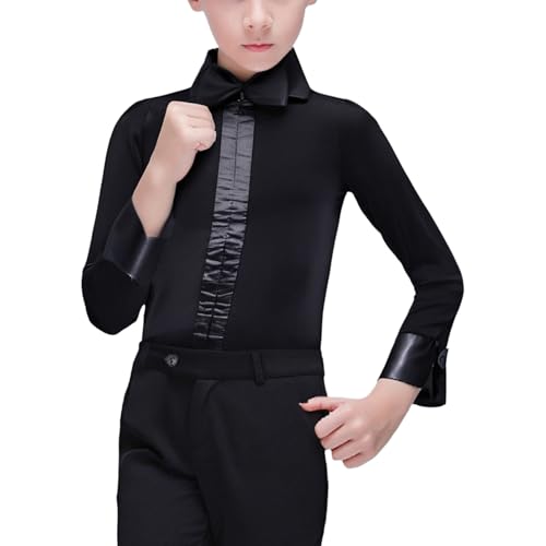 LiiYii Abito da Ballo Latino Americano Bambina Slim Fit Body da Pattinaggio Artistico Camicia Formale Elegante Completo da Samba Rumba Jazz Tango Concorso Nero 13-14 Anni