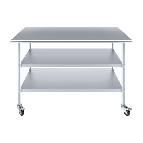 Image of AmGood Stainless Steel Work Table with 2 Shelves and Casters | Metal Utility Table On Wheels (Stainless Steel Work Table with 2 Shelves + Casters, 60 inch Long x 30 inch Deep)