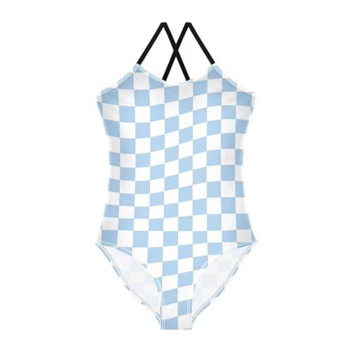 Image of Black and White Chess Girls One Piece Swimsuits Board Marble Tile Sport Halter Swimwear Beach Bathing Suit 3T