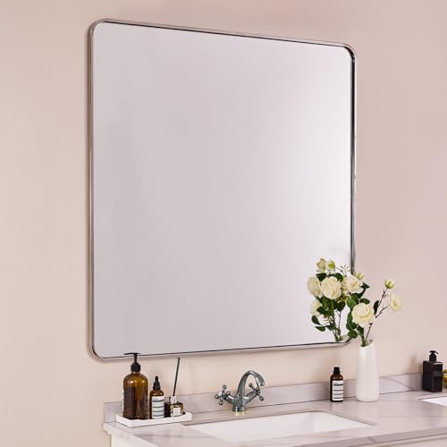 Image of ANDY STAR 40x36 Inch Chrome Bathroom Mirror, Chrome Vanity Mirror for Wall, Rounded Rectangle Mirror, Anti-Rust SUS304, Seamless Tube Metal Frame, 1'' Deep Wall Mounted Vertically /Horizontal