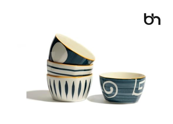 Image of Beyond Homes Ceramic Bowl Set of 4, 4.25 Inch | Dishwasher & Microwave Safe Bowl Set for Snacks, Rice, Dal, Fruits, Salad | Printed Ceramic Serving Bowls Set | Elegant White & Blue (350 ml)