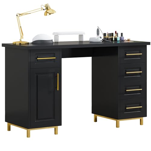 MaverickFurni Black and Gold Nail Tech Desk with Drawers, 43 Inch Manicure Table with Storage for Nail Tech, Nail Makeup Beauty Salon Table with 5 Drawers and Cabinet, Wooden Salon Spa Desk