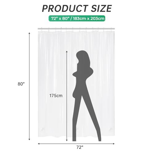 Image of AmazerBath Long Shower Curtain 80 Inches Clear Shower Curtain Plastic Premium PEVA, Heavy Duty 8G Weighted Shower Curtains for Bathroom with 3 Big Stones and 12 Grommets, 72x80 Inches