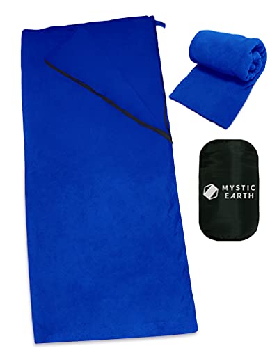 MYSTIC EARTH(ミスティックアース)寝袋 封筒型 インナーシュラフ フリース 大判 保温 山小屋 軽量 登山 テント泊 防災用品 毛布 ブランケット地震対策災害 キャンプ 外泊 多機能 膝掛け 毛布 アウトドア 車中泊 洗濯可 (ブルー)