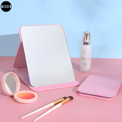 Image of MESKIN Portable Tablet Style Makeup Mirror with Foldable Stand | Compact Folding Free Hand Standing Mirror | Travel Friendly Vanity Mirror with PU Flap Cover (Pack of 1, Pink)