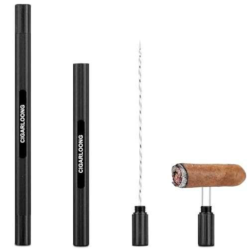 CIGARLOONG Portable 2-in-1 Cigar Tool | Cigar Punch with Cigar Twin Needle & Draw Enhancer, Alloy Multifunctional Gift for Enthusiasts (Black)