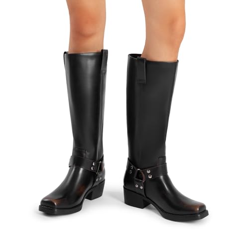 DREAM PAIRS Women's Square Toe Knee High Boots Motorcycle Riding Pull-on Fashion Long Biker Boots for Women,Size 9,Black/Brown,DWUMKB2529