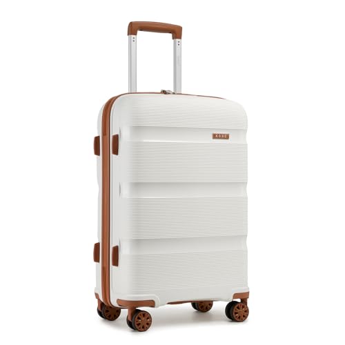 Image of Kono Carry On Luggage 24 Inch Checked-Medium Hard Shell Travel Trolley 4 Spinner Wheels Lightweight Polypropylene Suitcase with TSA Lock, Cream White