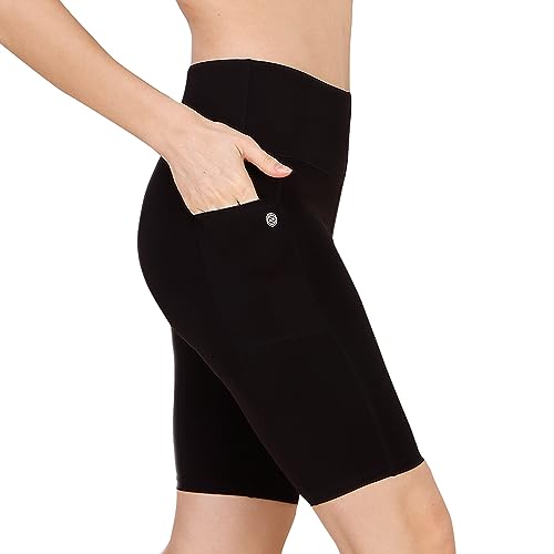 Image of SOIE Women Polyester Blend Sports Shorts High Waist Knee Length with Side Pocket Quick Dry Squat Proof Athleisure Shorts for Workout