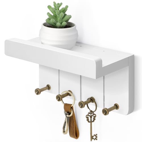 Rebee Vision Small Key Holder Wall Mount - Aesthetic Room Decor with 4 Study Hooks and Mini Floating Shelf - Ideal Apartment Essentials for Farmhouse Living Room and Home Decor (Modern White)
