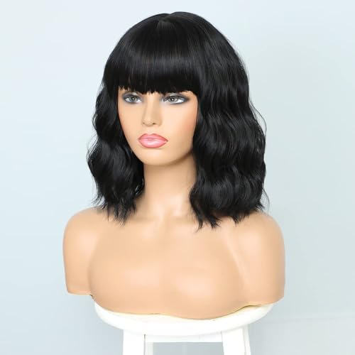 PORSMEER Short Pastel Wavy Black Bob Wig with Fringe Natural Looking Synthetic Hair Wigs for Women Girls Halloween Costume Party Or Daily Wear - Image 4