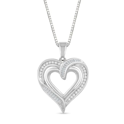 Jewelili Sterling Silver Heart Pendant Necklace for Women | 1/4 CTTW Natural White Round & Baguette Diamonds | 18