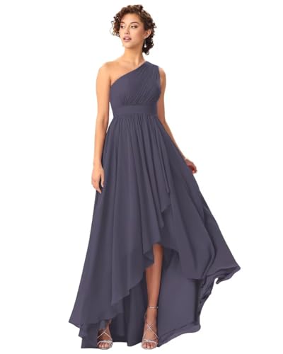 One Shoulder Bridesmaid Dresses for Women High Low Chiffon Ruched Formal Evening Party Prom Gowns with Pockets