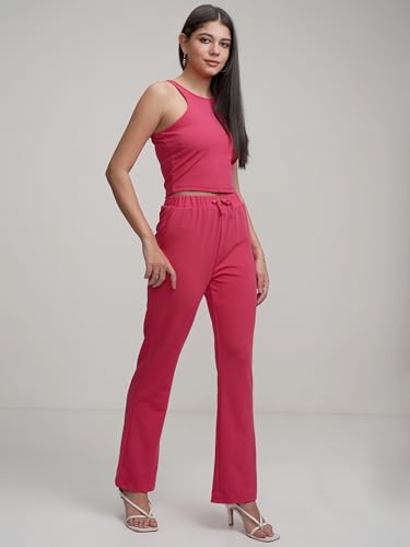Image of Tokyo Talkies Women's Co-ord Set | Sleeveless Crop Top & Drawstring Trousers | Perfect for Casual Outings & Vacations