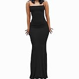 ADSQ Bodycon Dress Long, Cami Figurbetontes Kleid, Damen Spaghetti-Träger, ärmellos, Langes Kleid, Einfarbig, Figurbetont, Fischschwanzkleid, Party, Abend, Maxikleid, Schwarz, S