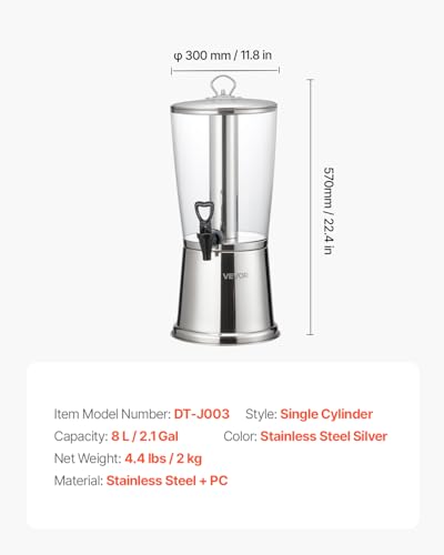 Image of VEVOR Beverage Dispenser, 2.1 Gallon Drink Dispenser for Parties, Stainless Steel + Plastic Juice Dispensers with Spigot Ice Chamber, Iced Tea Lemonade Juice Water Dispensers, for Restaurants, Hotels