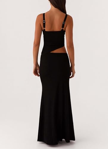 Image of Yiulangde Womens Elegant Spaghetti Strap Maxi Dress Backless Cut Out Bodycon Summer Cami Dress Sexy Formal Cocktail Dresses A-Black