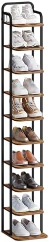Hzuaneri Vertical Shoe Rack, Shoe Shelves, Wood Shoes Organizer for Closet, Entryway.Shoes Tower for Small Spaces, Freestanding, with 2Hooks, Rustic Brown and Black, 10 Tier(26.5Wcm) SR11201B