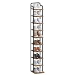 Hzuaneri Vertical Shoe Rack, Shoe Shelves, Wood Shoes Organizer for Closet, Entryway.Shoes Tower for Small Spaces, Freestanding, with 2Hooks, Rustic Brown and Black, 10 Tier(26.5Wcm) SR11201B