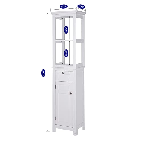 Spirich Home Bathroom Freestanding Storage Cabinet with Two Tier Open Shelves, Tall Slim Cabinet with Door and Drawer, Floor Linen Tower (White) - Thumbnail 2