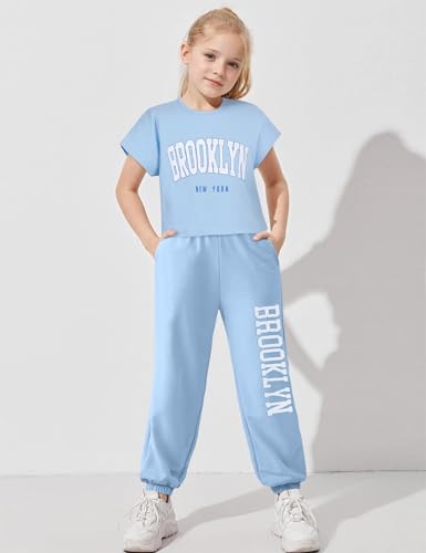 Image of Fuermos Girls Summer Outfits Two Piece Pants Sets Brooklyn Print Short Sleeve T Shirt and Pant Girls Outfits Size 6-14