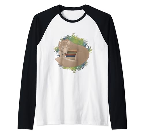 Lupo con libri Bella Fantasy Book Reader Lettura Maglia con Maniche Raglan