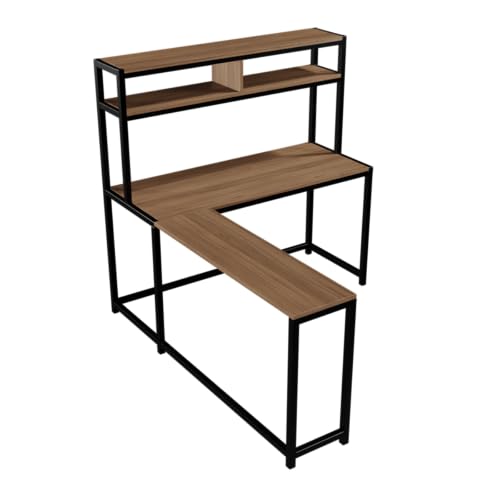 Image of Riyan Luxiwood Hutch Corner Study Table with Two Tier Shelf, Multi-Utility Office Table, Large Work Space, Corner Desk (150 X 150 X 150 Cm) (Beige)