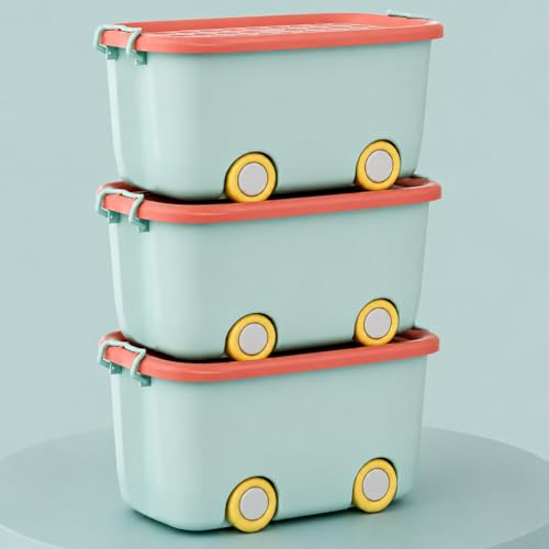 Image of JD FRESH 25 Litre Rolling Toy Storage Box /Colorful Car-Shaped Kids Toy Storage Organizer /Large Size Plastic Storage Box with Wheels & Handle /Stackable Storage Container Box (Pack of 3, Green)