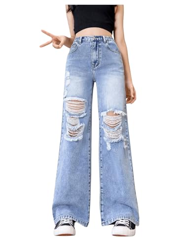 Floerns Girl's Elastic High Waisted Ripped Baggy Jeans Wide Leg Distressed Denim Pants