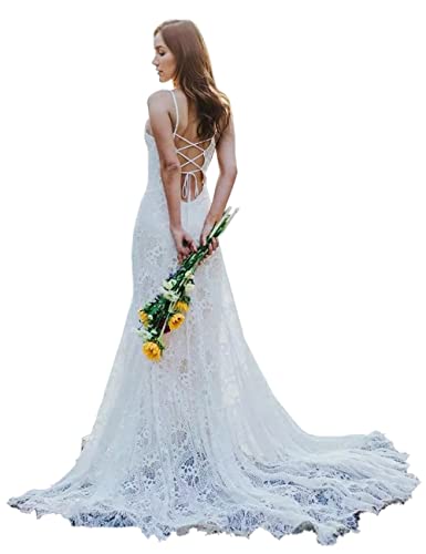 LIPOSA Boho Lace Wedding Dresses for Bride Spaghetti Strap Sweetheart A Line Sleeveless Courthouse Bridal Gowns