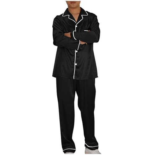 Mens Satin Pajamas Set Silk Sleep Shirts Pant Pjs Suits Long Sleeve Bathrobe Fall Winter Comfy Sleepwear Chest Pocket