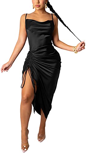 Women's Spaghetti Strap Satin Dress Sexy Backless Drawstring Ruched Split Hem Cocktail Evening Party