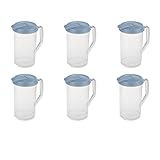 Sterilite 2 Qt Round Pitcher, Spout and Handle for Easy Pouring of Water or Juice, Plastic, Dishwasher Safe, Clear w/Blue Lid, 6-Pack