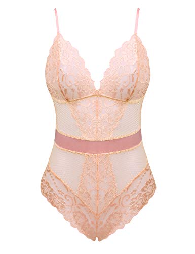 Joyaria Womens Peach Pink Lace Lingerie Bodysuit One Piece Teddy,Large