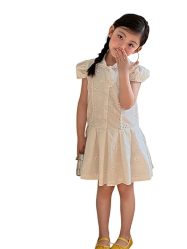 Robe été fille style français en coton blanc brodé pour école