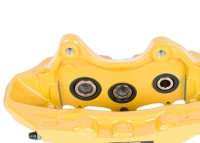 Image of GM Genuine Parts 172-2521 (20982719) Yellow Front Driver Side Disc Brake Caliper Assembly with Cadillac V Logo