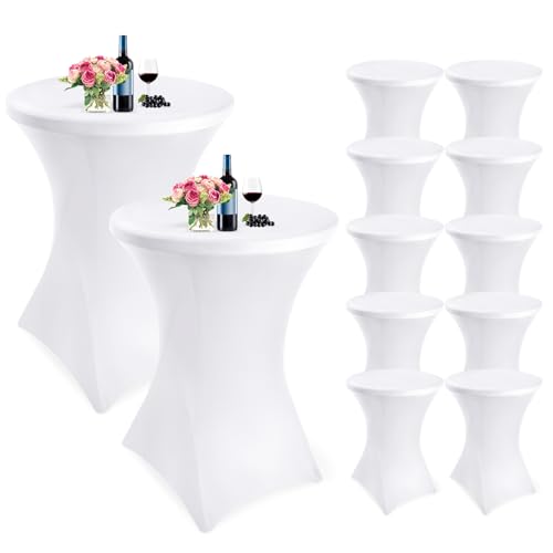 Showgeous Juego de 10 Fundas para Mesa Alta de Bistro Ø 80-85 cm, Mantel de Cóctel Redondo Blanco, Funda de Mesa Elástica de Licra para Banquete de Boda (Blanco)