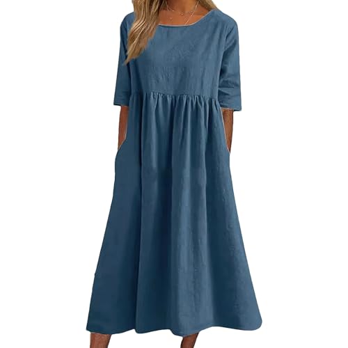 Robe en lin d'été pour femme coupe A-line longue rismart avec poches